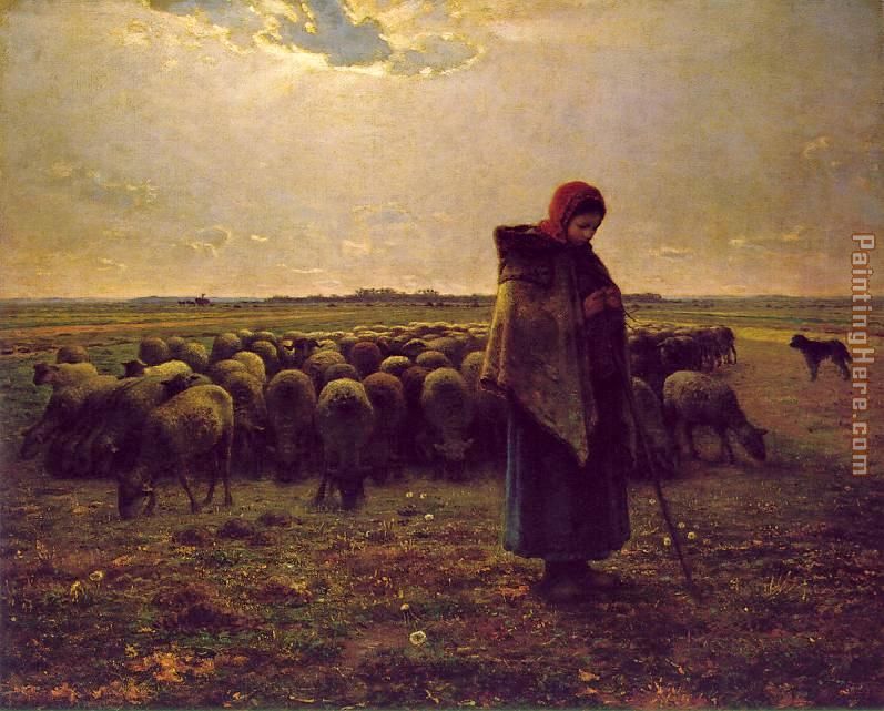 Shepherdess with her flock painting - Jean Francois Millet Shepherdess with her flock art painting